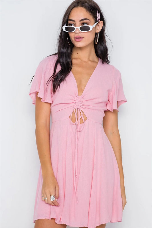 Pink V-Neck Short Sleeve A-Line Mini Dress /2-2-2 - Tasha Apparel Wholesale