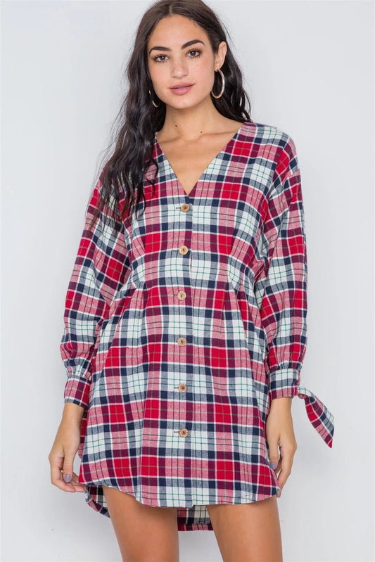 Burgundy Plaid Button Down Flannel Shirt Dress /2-2-2 - Tasha Apparel Wholesale