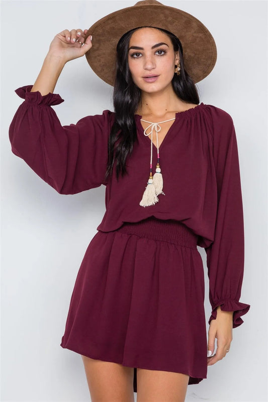 Burgundy Solid Tassel Long Sleeve Mini Dress /2-2-2 - Tasha Apparel Wholesale