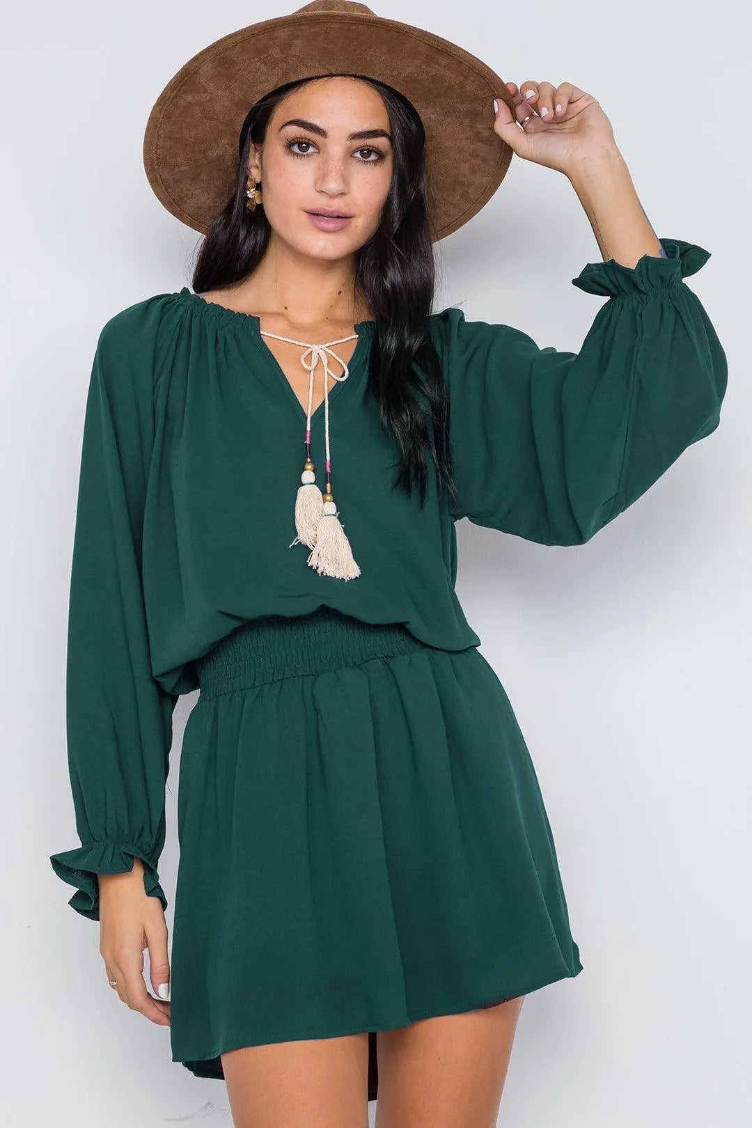 Hunter Green Solid Tassel Long Sleeve Mini Dress /2-2-2 - Tasha Apparel Wholesale