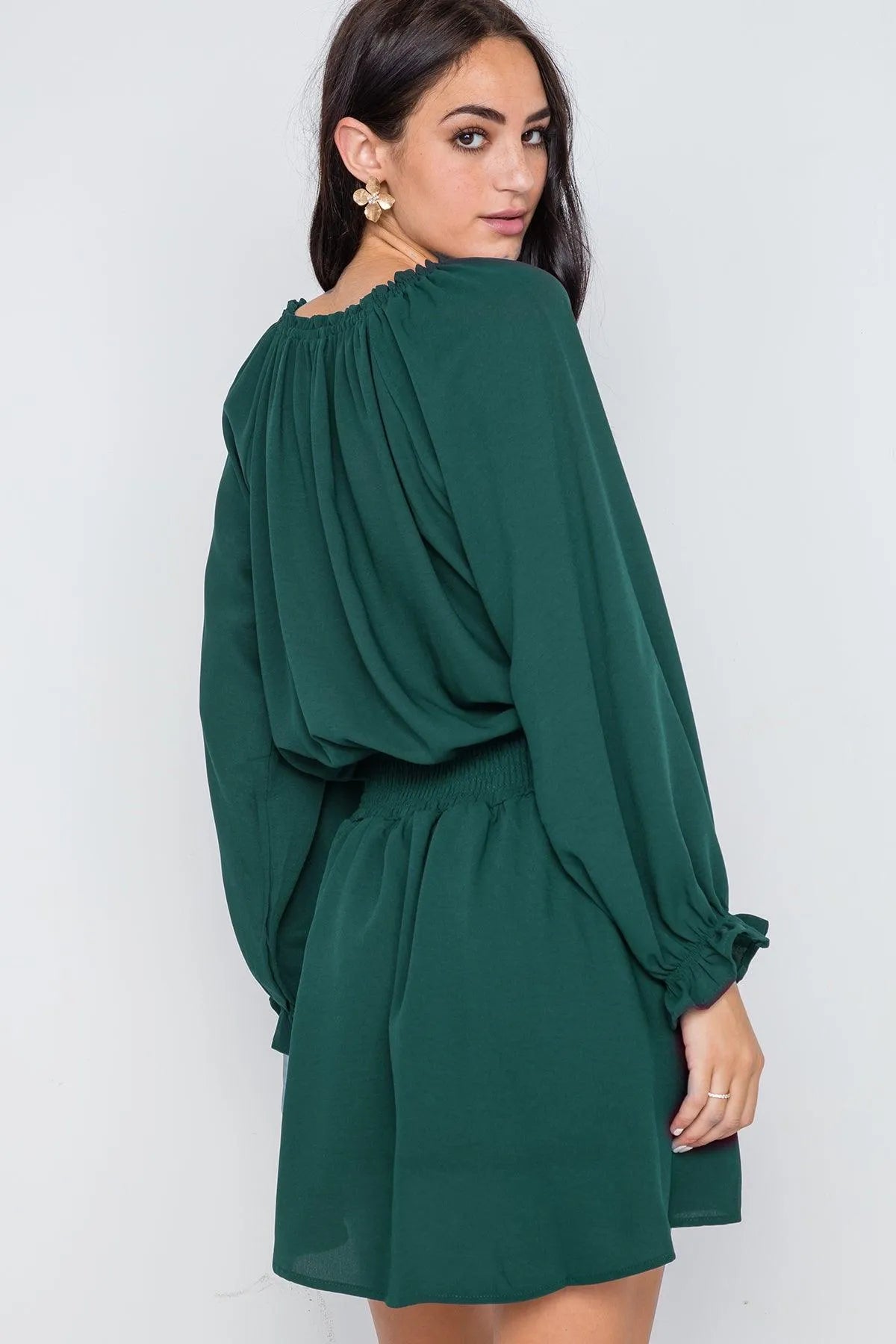 Hunter Green Solid Tassel Long Sleeve Mini Dress /2-2-2 - Tasha Apparel Wholesale