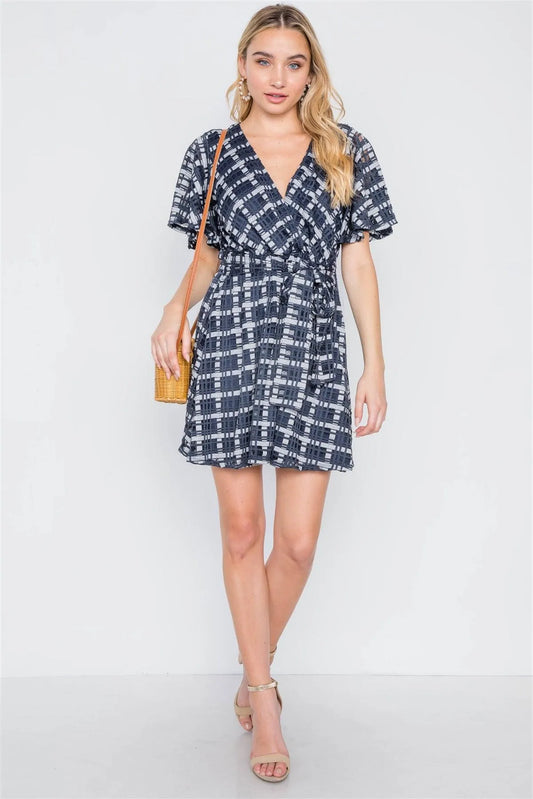 Navy Plaid Pattern Knit Short Sleeve Mini Dress /2-2-1 - Tasha Apparel Wholesale