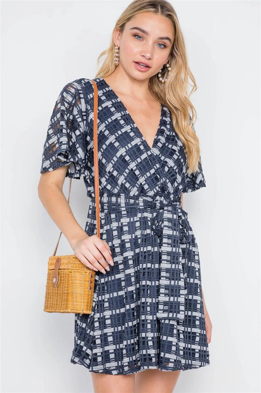 Navy Plaid Pattern Knit Short Sleeve Mini Dress /2-2-2 - Tasha Apparel Wholesale