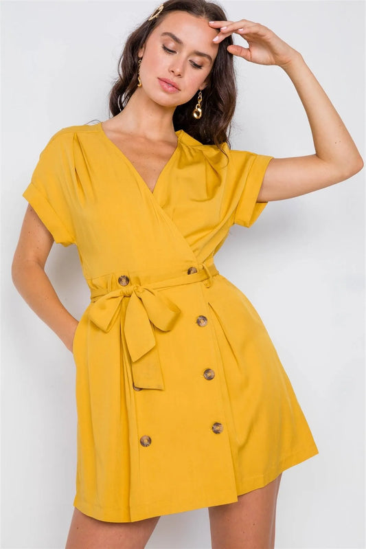 Mustard Double Breasted Short Sleeve Mini Dress / 2-2-2 - Tasha Apparel Wholesale