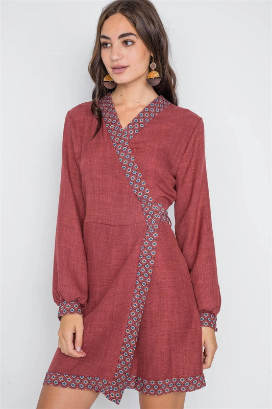 Rust Contrast Trim Long Sleeve Wrap Dress /2-2-2 - Tasha Apparel Wholesale