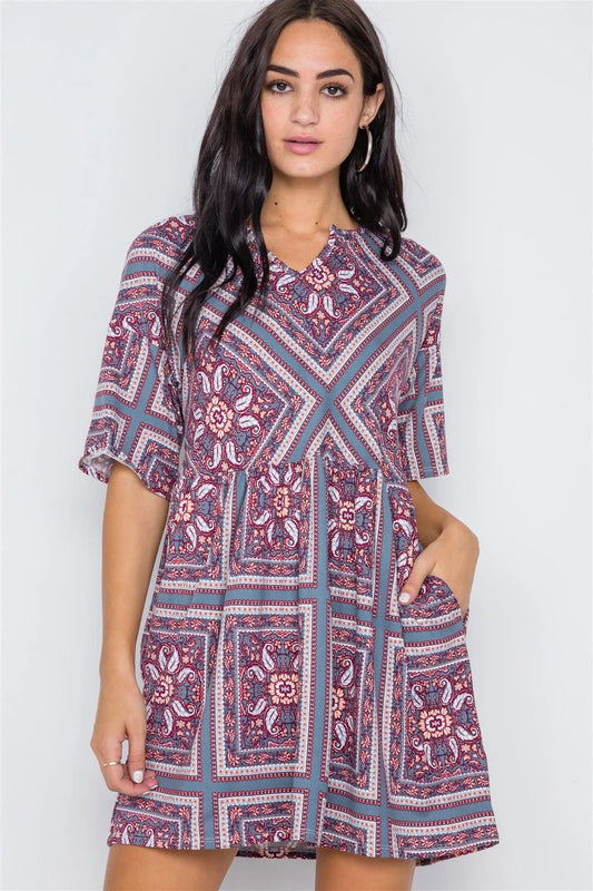 Chambray Brush Paisley Print Short Sleeve Mini Dress - Tasha Apparel Wholesale