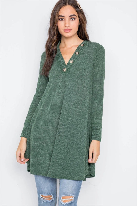 Hunter Green Knit Long Sleeve Sweater Dress /2-2 - Tasha Apparel Wholesale