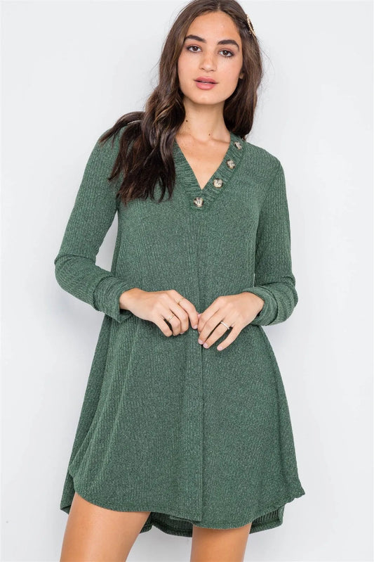 Hunter Green Knit Long Sleeve Sweater Dress /2-2-2 - Tasha Apparel Wholesale