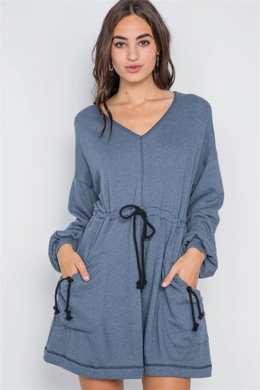 Denim Blue Knit Long Sleeve Sweater Dress /2-2-2 - Tasha Apparel Wholesale