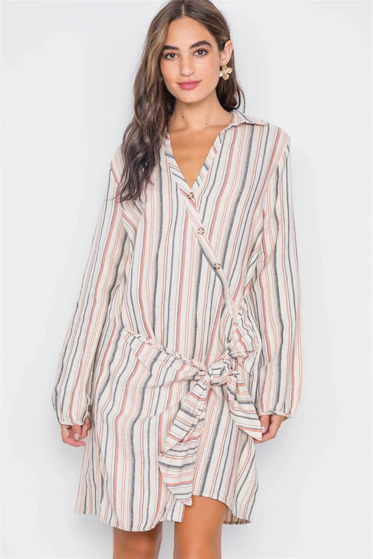 Apricot Stripe Front-Tie Long Sleeve Dress / 2-2-2 - Tasha Apparel Wholesale