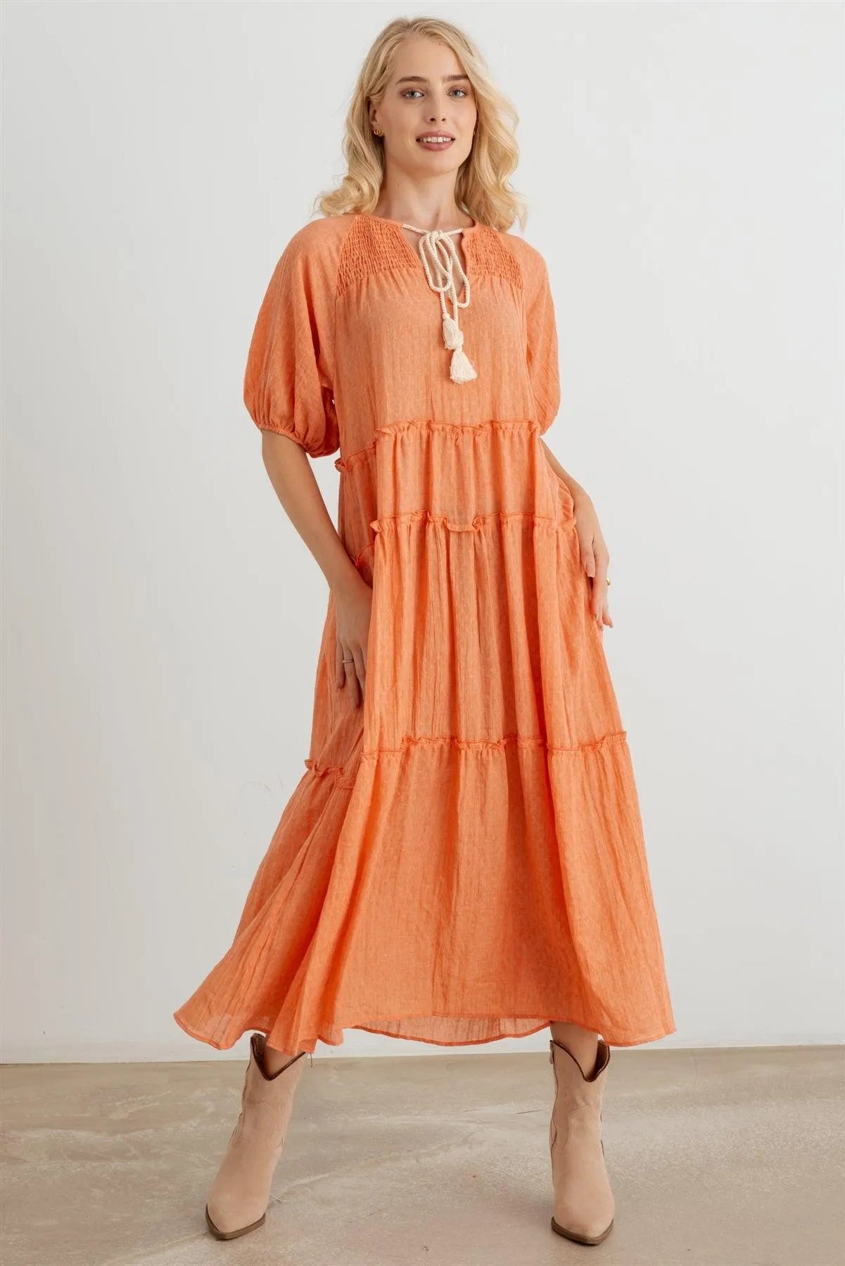 Bohemian Cotton Puff Short Sleeve Tie Neckline Smocked Maxi Dress - Tasha Apparel Wholesale