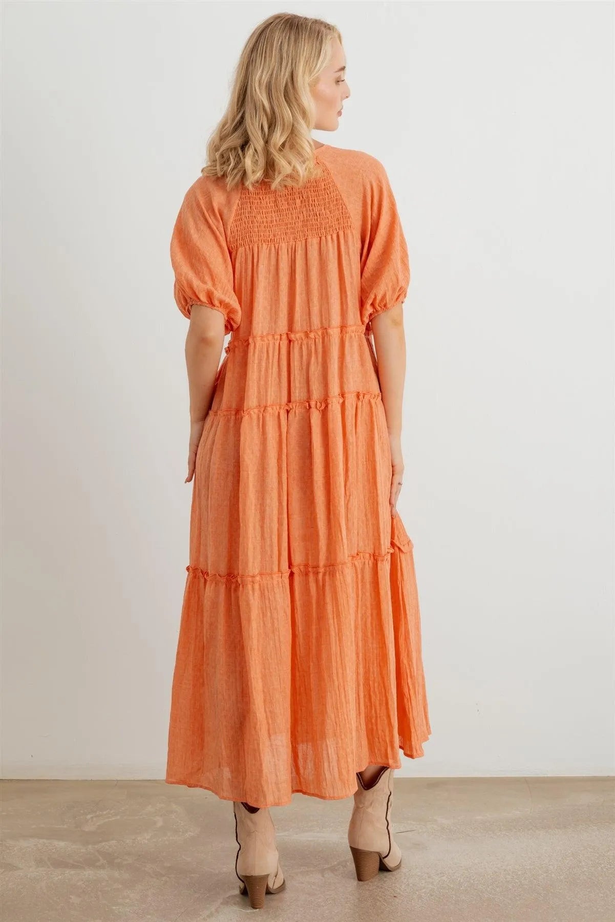 Bohemian Cotton Puff Short Sleeve Tie Neckline Smocked Maxi Dress - Tasha Apparel Wholesale