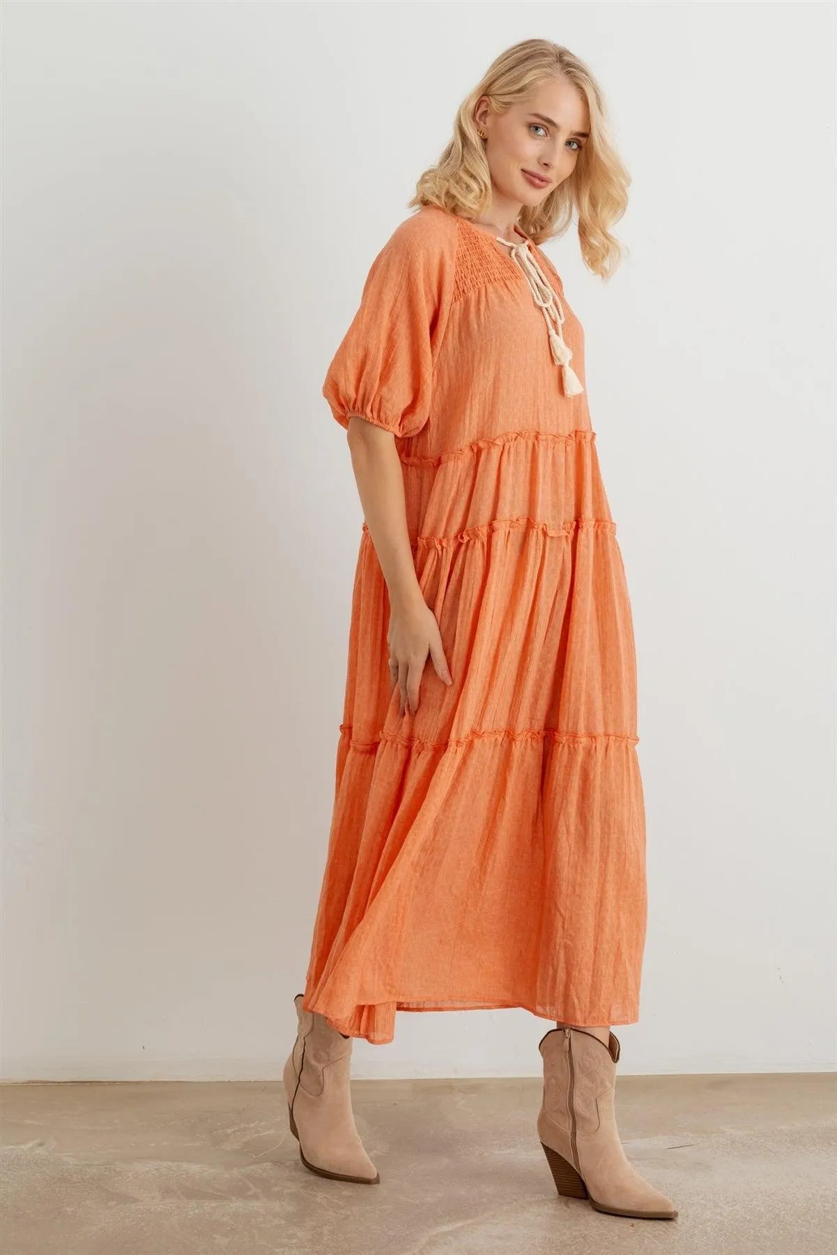 Bohemian Cotton Puff Short Sleeve Tie Neckline Smocked Maxi Dress - Tasha Apparel Wholesale