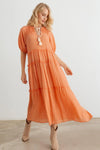 Bohemian Cotton Puff Short Sleeve Tie Neckline Smocked Maxi Dress - Tasha Apparel Wholesale
