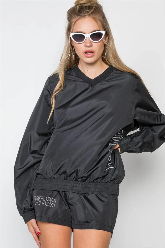 Black Windbreaker Graphic Jacket Short Set / 2-2-2 - Tasha Apparel Wholesale