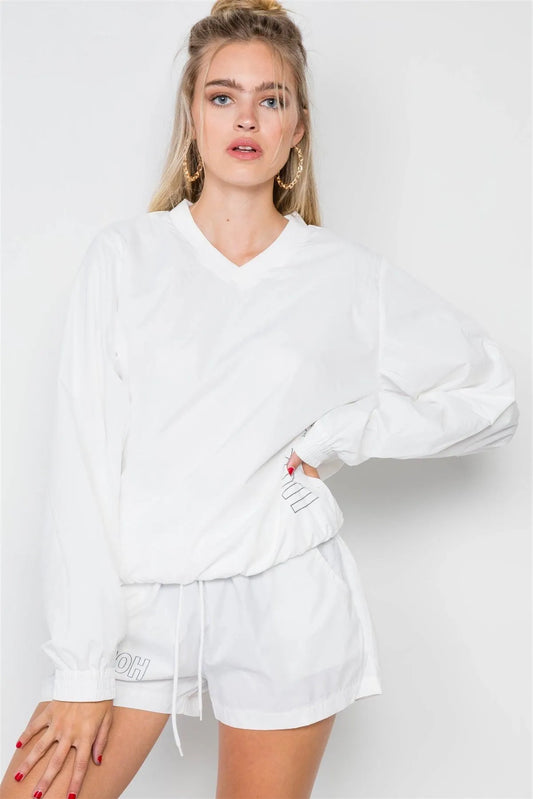 White Windbreaker Graphic Jacket Short Set / 2-2-2 - Tasha Apparel Wholesale