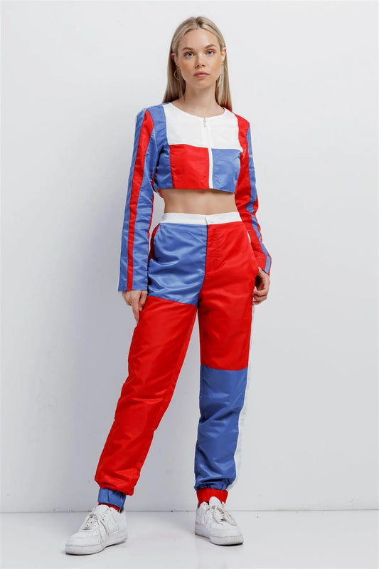 Red Blue Colorblock Tracksuit Windbreaker Cropped Jacket 2 Piece Set /2-2-2 - Tasha Apparel Wholesale