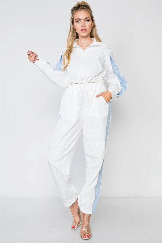 White Blue Colorblock Windbreaker Jacket Pant Set /2-2-2 - Tasha Apparel Wholesale