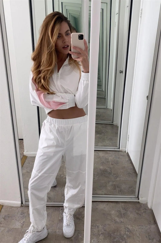 White Pink Colorblock Windbreaker Jacket Pant Set - Tasha Apparel Wholesale