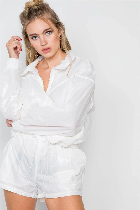 White Windbreaker Zip-Up Jacket Short Set /2-2-2 - Tasha Apparel Wholesale