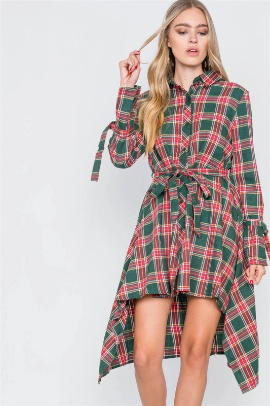 Green Plaid High Low Button Front Shirt Dress / 2-2-2 - Tasha Apparel Wholesale