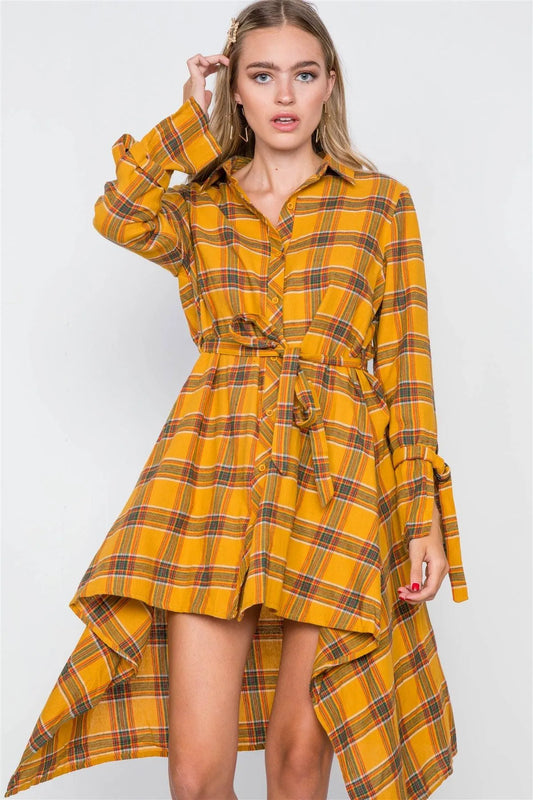 Yellow Plaid High Low Button Front Shirt Dress / 2-2-2 - Tasha Apparel Wholesale