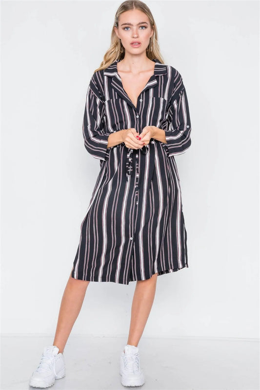 Black Stripe 3/4 Sleeve Button Down Shirt Dress / 2-2-2 - Tasha Apparel Wholesale