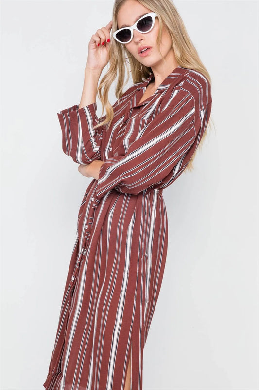 Brick Stripe 3/4 Sleeve Button Down Shirt Dress / 2-2-2 - Tasha Apparel Wholesale
