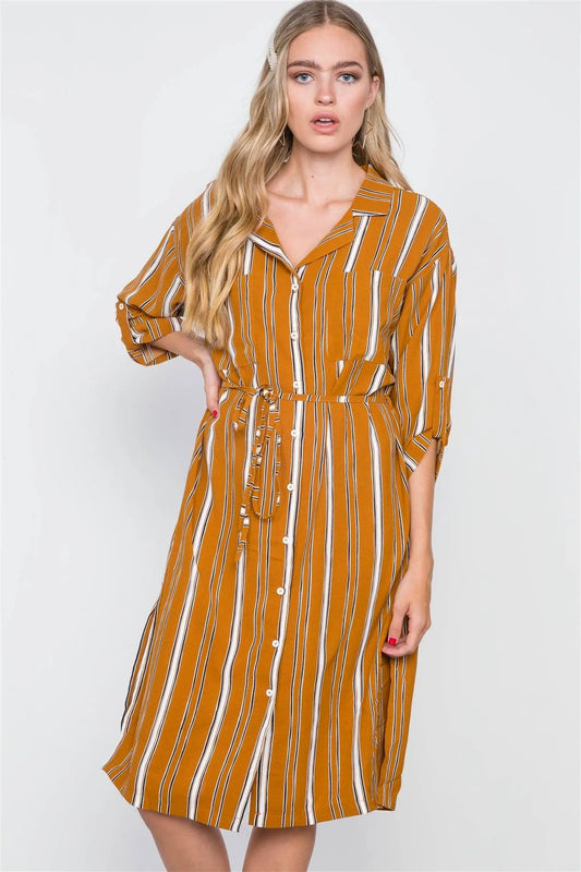 Mustard Stripe 3/4 Sleeve Button Down Shirt Dress / 2-2-2 - Tasha Apparel Wholesale