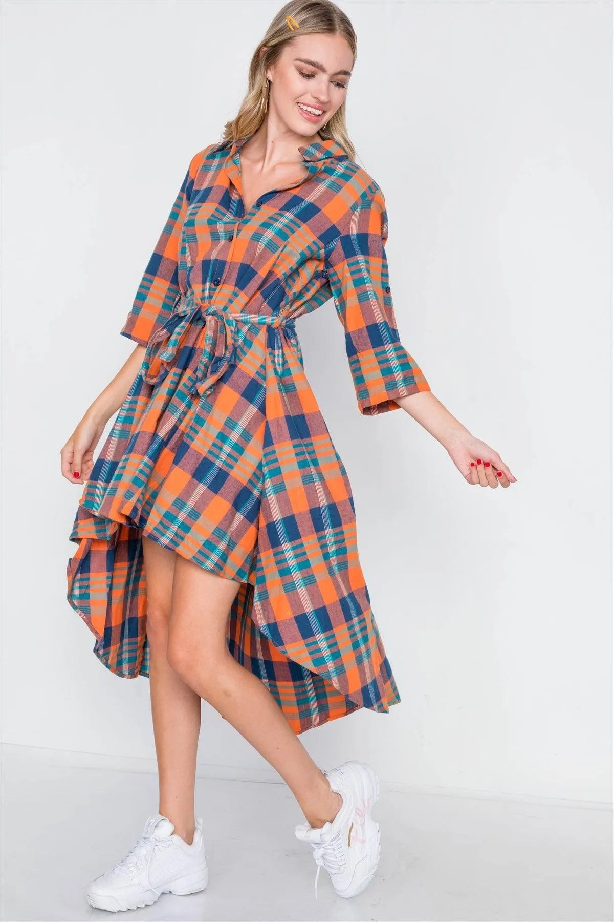 Rust Plaid High Low Button Front Shirt Dress / 2-2-2 - Tasha Apparel Wholesale