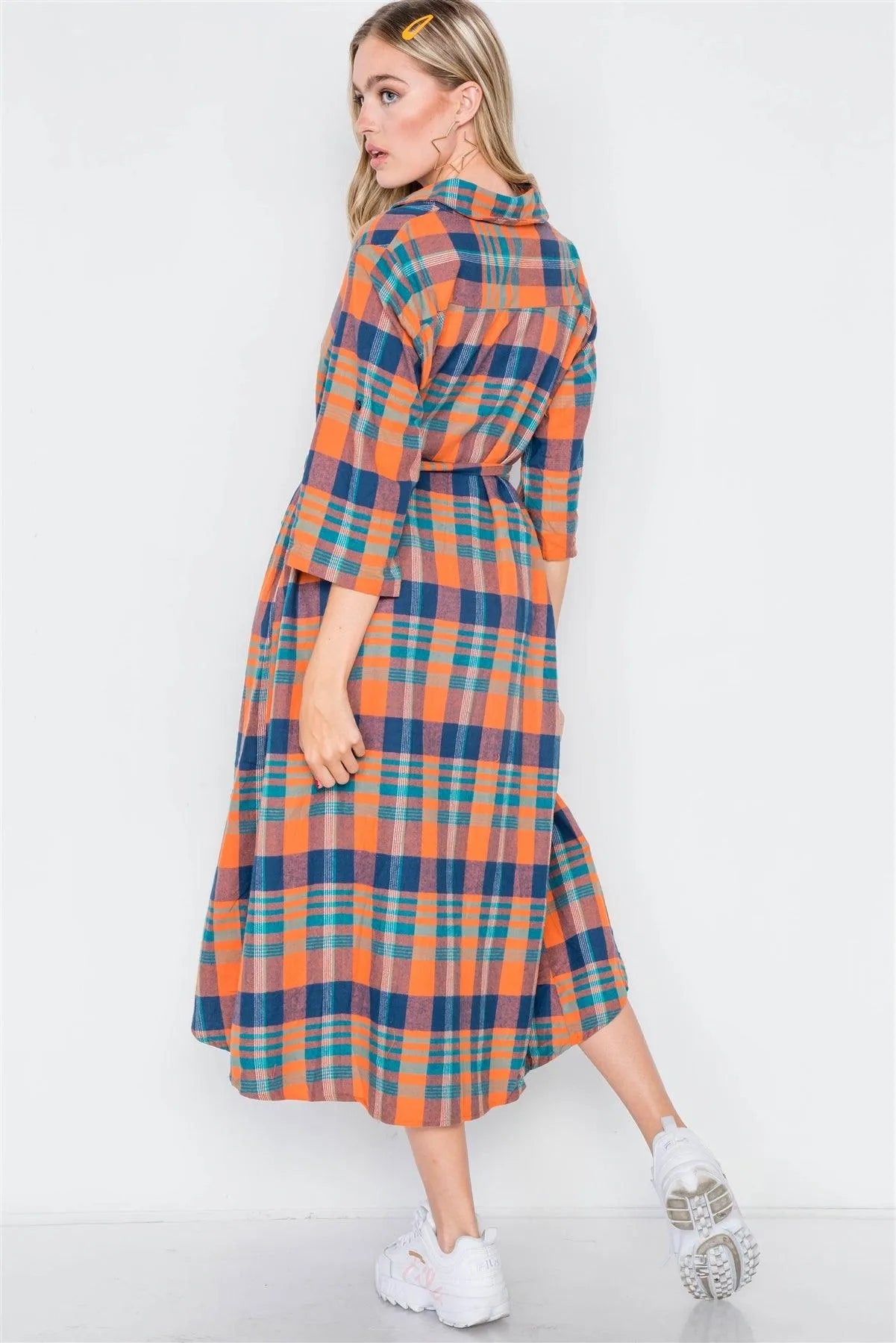 Rust Plaid High Low Button Front Shirt Dress / 2-2-2 - Tasha Apparel Wholesale