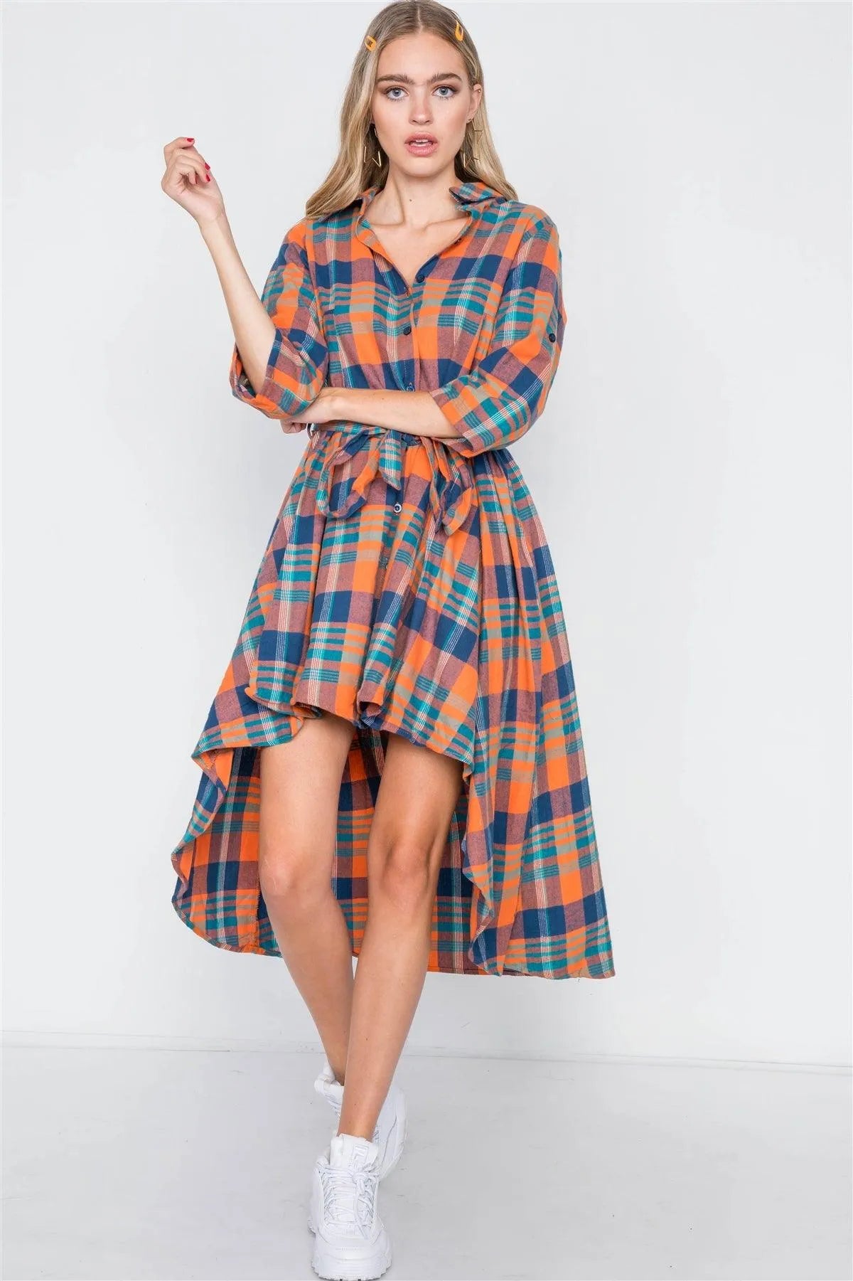 Rust Plaid High Low Button Front Shirt Dress / 2-2-2 - Tasha Apparel Wholesale