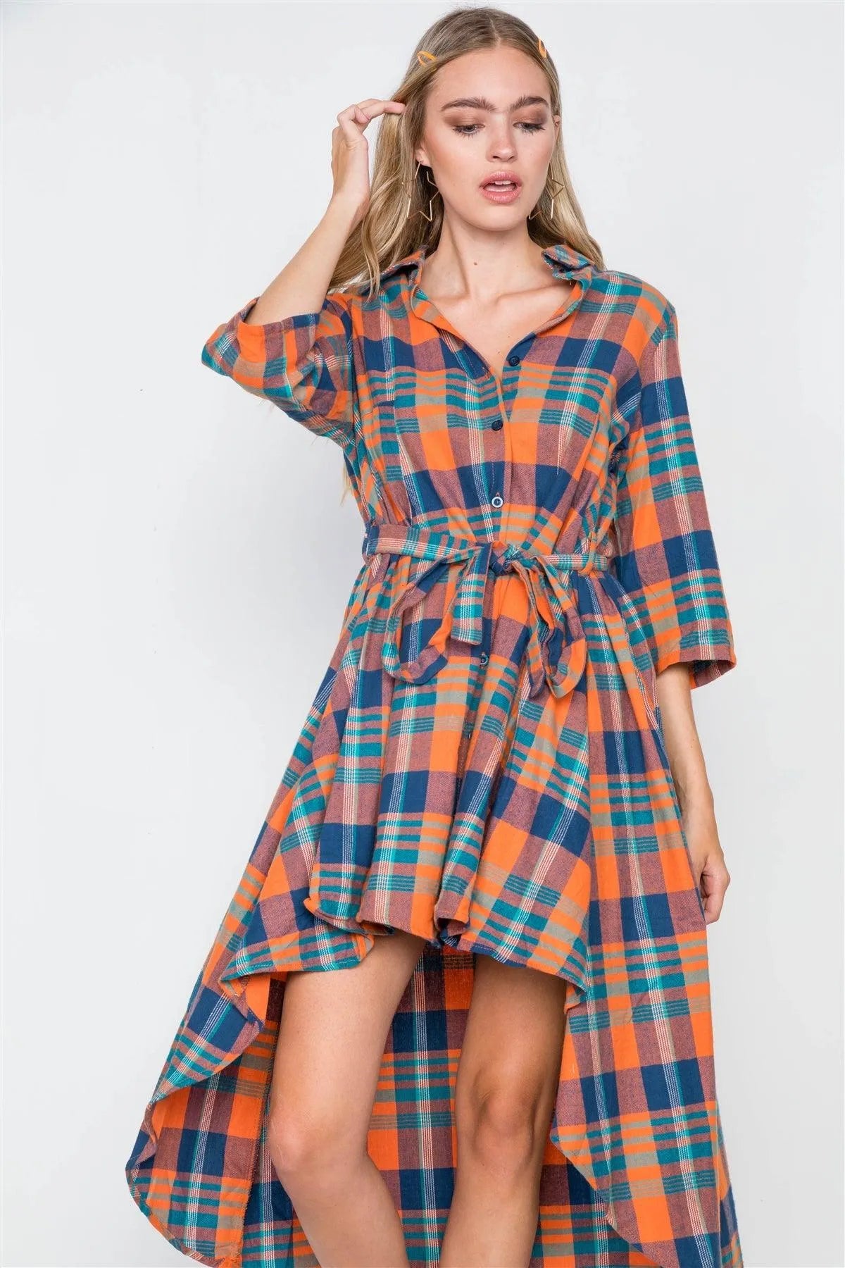 Rust Plaid High Low Button Front Shirt Dress / 2-2-2 - Tasha Apparel Wholesale