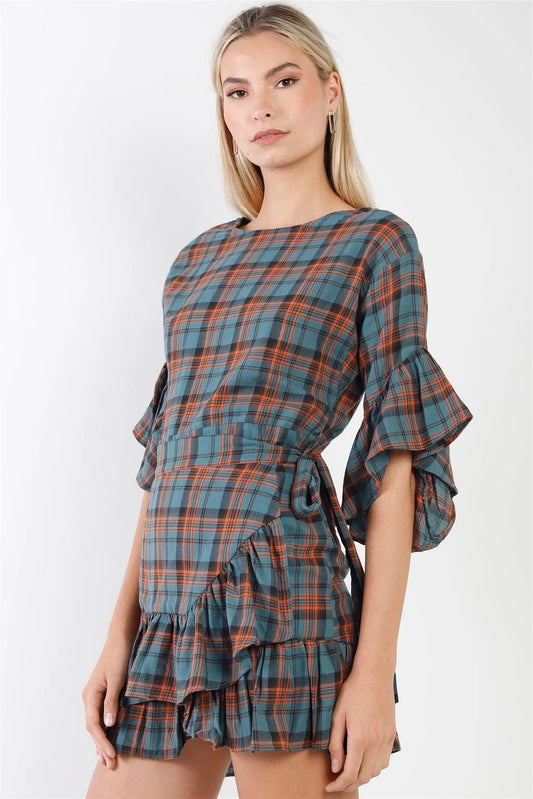 Blue Plaid Shirred Hem Front-Tie Mini Dress /2-2-2 - Tasha Apparel Wholesale