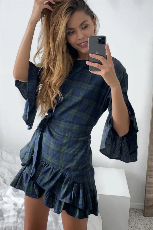 Green Plaid Shirred Hem Front-Tie Mini Dress /2-2-2 - Tasha Apparel Wholesale