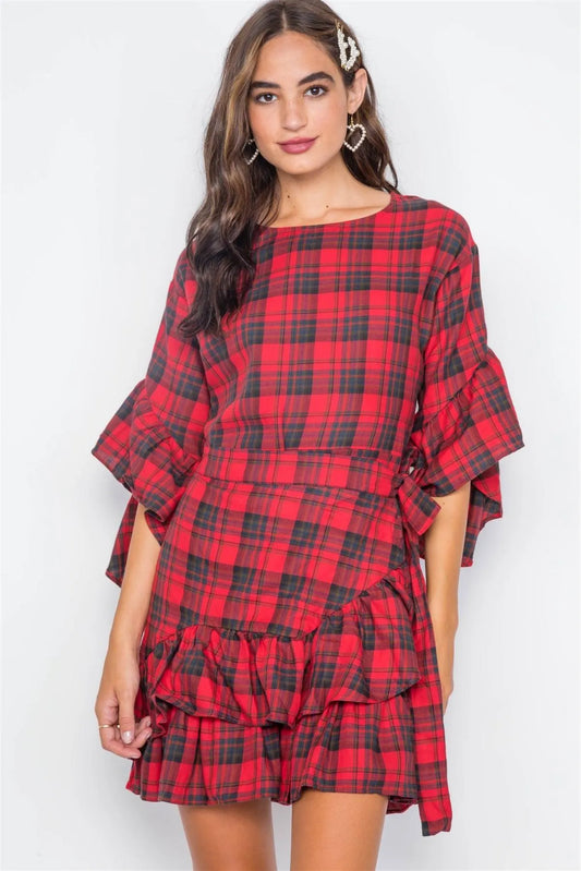 Red Plaid Shirred Hem Front-Tie Mini Dress /2-2-2 - Tasha Apparel Wholesale