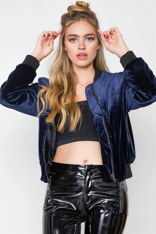 Navy Velvet Zip-Front Bomber Jacket / 2-2-2 - Tasha Apparel Wholesale