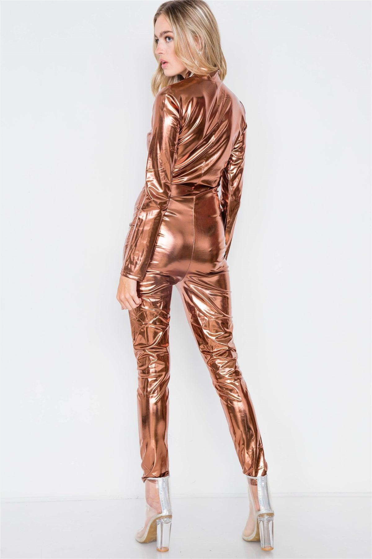 Bronze Metallic Bodycon Zip-Up Jumpsuit /2-2-2