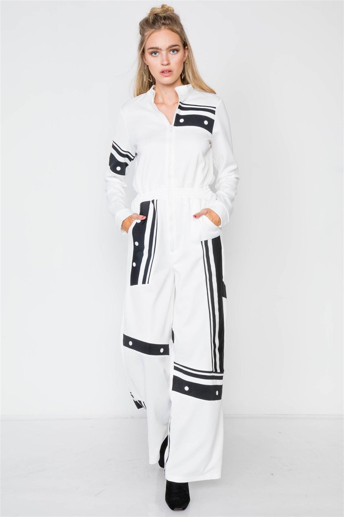 White Knit Colorblock Zip-Front Long Sleeve Jumpsuit /1-2-2