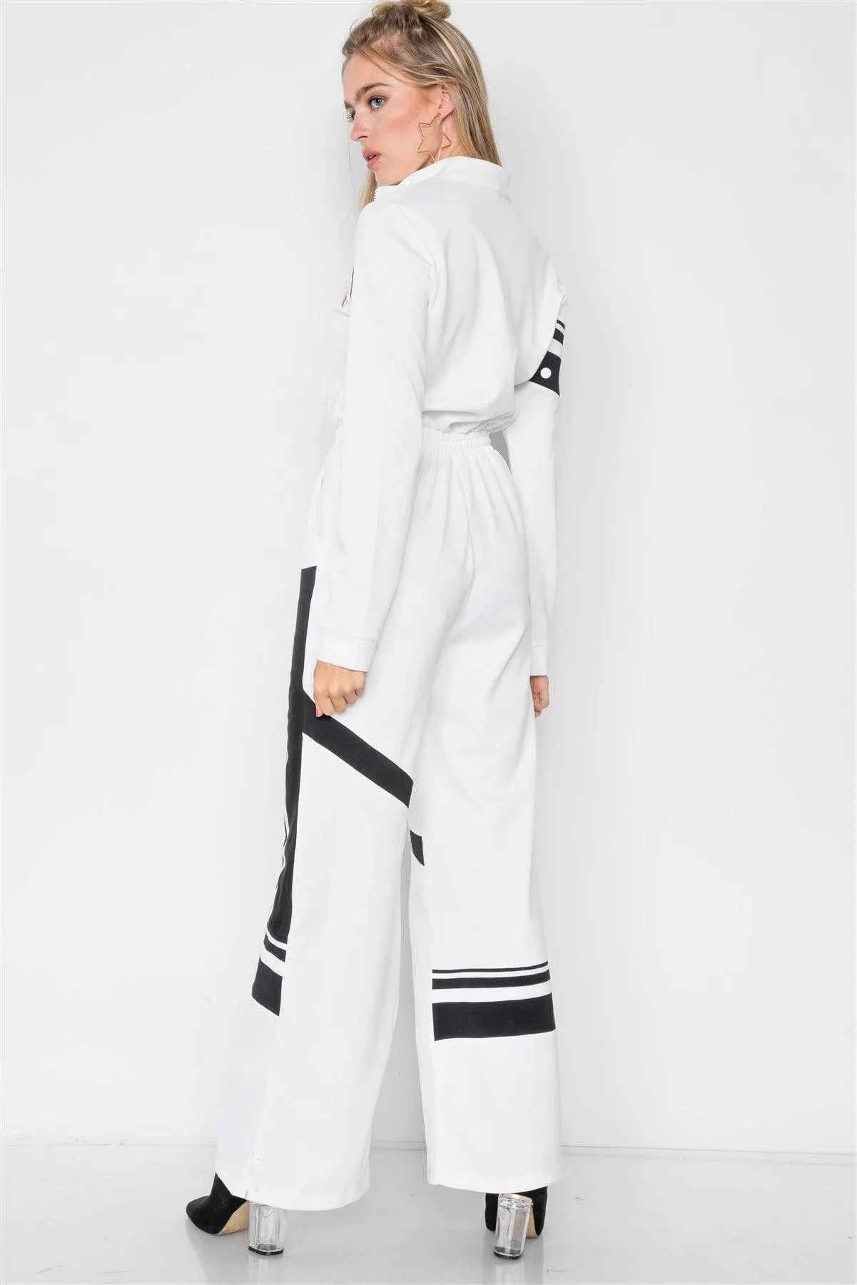 White Knit Colorblock Zip-Front Long Sleeve Jumpsuit /2-2-2 - Tasha Apparel Wholesale