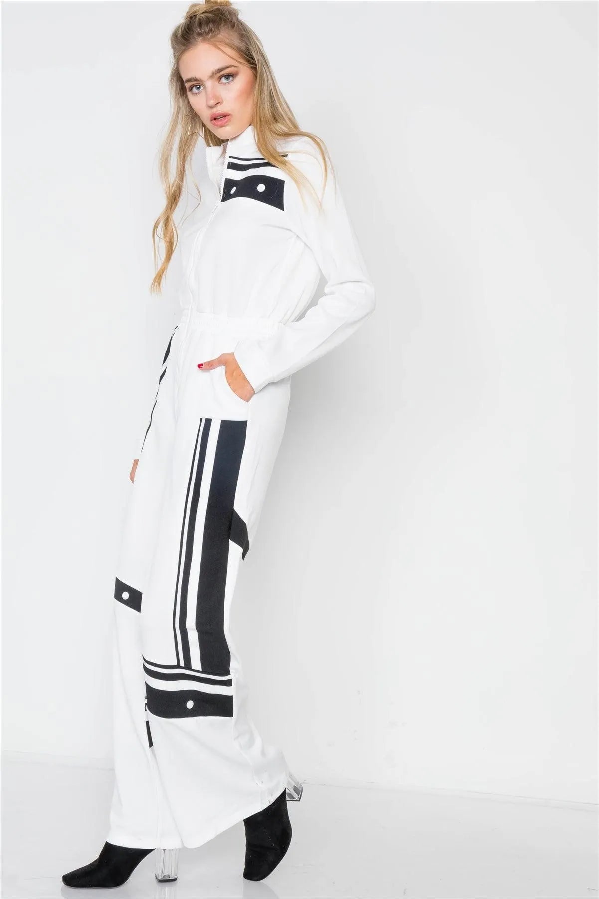 White Knit Colorblock Zip-Front Long Sleeve Jumpsuit /2-2-2 - Tasha Apparel Wholesale
