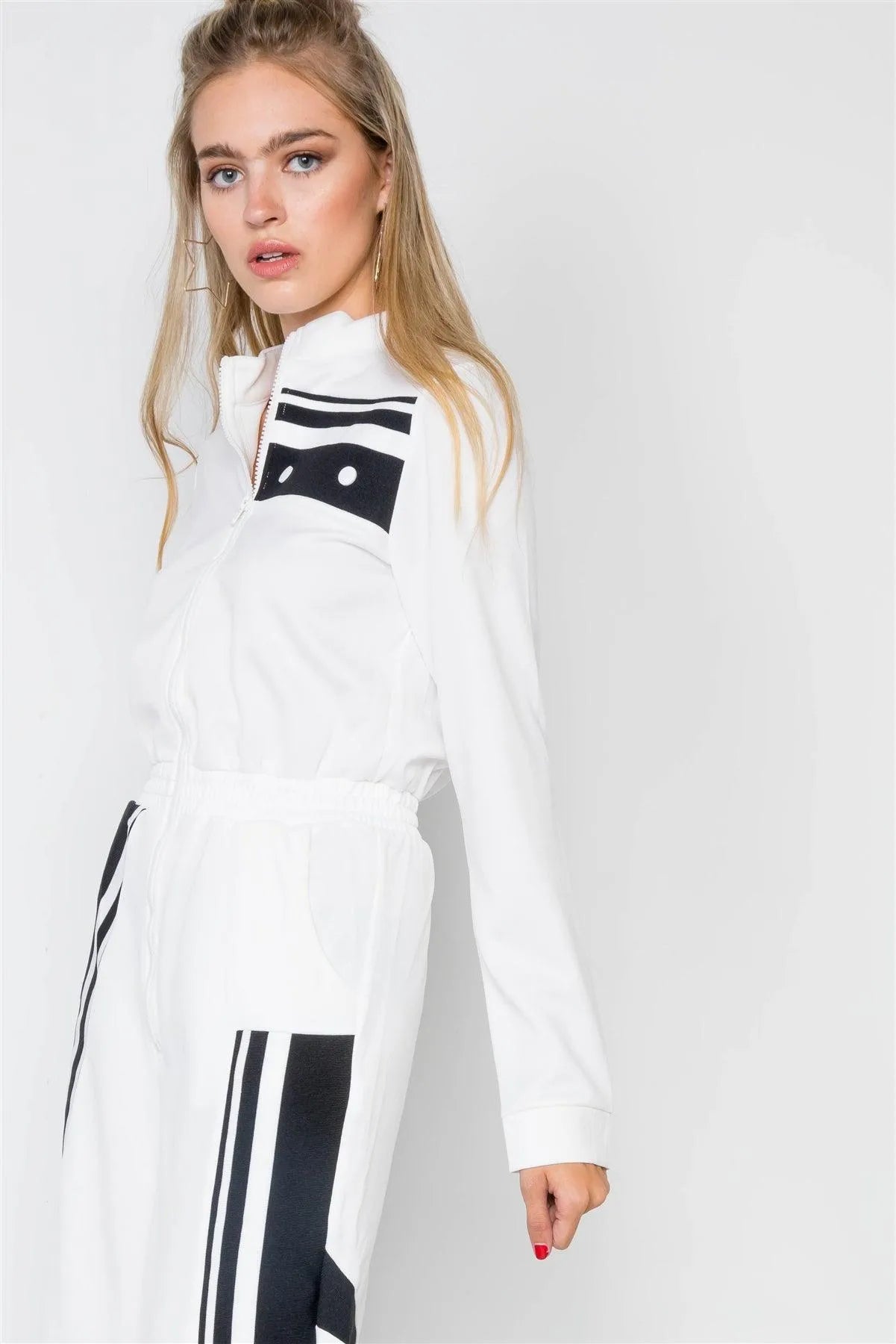 White Knit Colorblock Zip-Front Long Sleeve Jumpsuit /2-2-2 - Tasha Apparel Wholesale