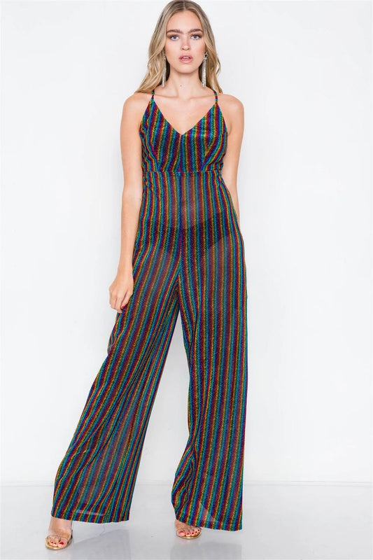 Multi Stripe Wide Leg Cami V-Neck Jumpsuit /2-2-2 - Tasha Apparel Wholesale
