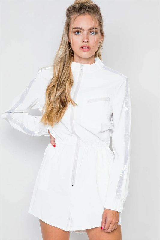 White Reflective Zip-Front Long Sleeve Romper /2-2-2 - Tasha Apparel Wholesale