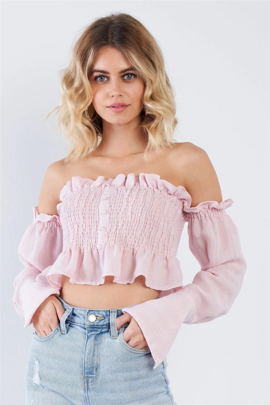 Pink Semi-Sheer Vintage Off-The-Shoulder Flounce Mock Peplum Crop Top /2-2-2 - Tasha Apparel Wholesale