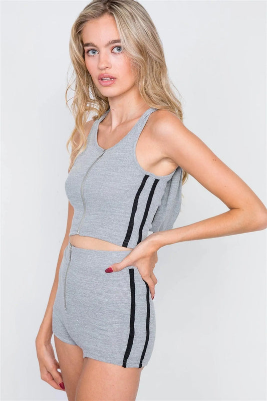 Grey & Black Color Block Athletic Crop Top & Mini Shorts Set /3-2-1 - Tasha Apparel Wholesale