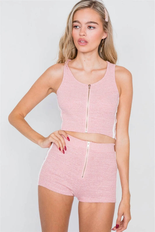 Pink & White Color Block Athletic Crop Top & Mini Shorts Set /3-2-1 - Tasha Apparel Wholesale