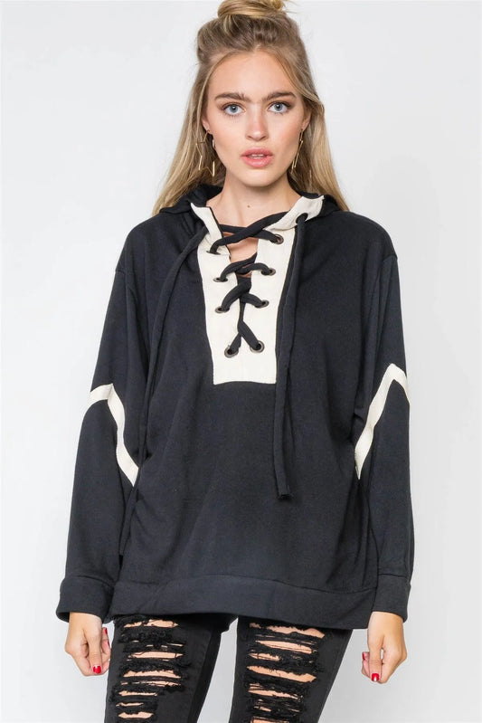 Black Knit Hooded Lace-Up Sweater /2-2-2 - Tasha Apparel Wholesale