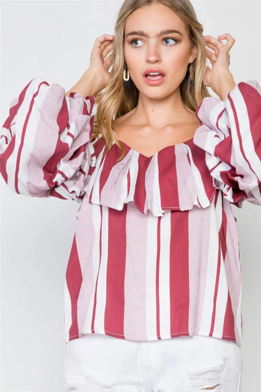 Burgundy Puff-Sleeve Stripe Cami Boho Top /2-2-2 - Tasha Apparel Wholesale