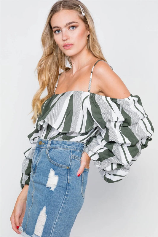 Olive Puff-Sleeve Stripe Cami Boho Top /2-2-2 - Tasha Apparel Wholesale